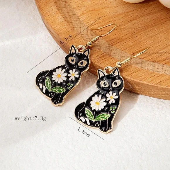 Cat Kitty Flower Shape Gold Tone Dangle Drop Earrings Black - Picture 3 of 5